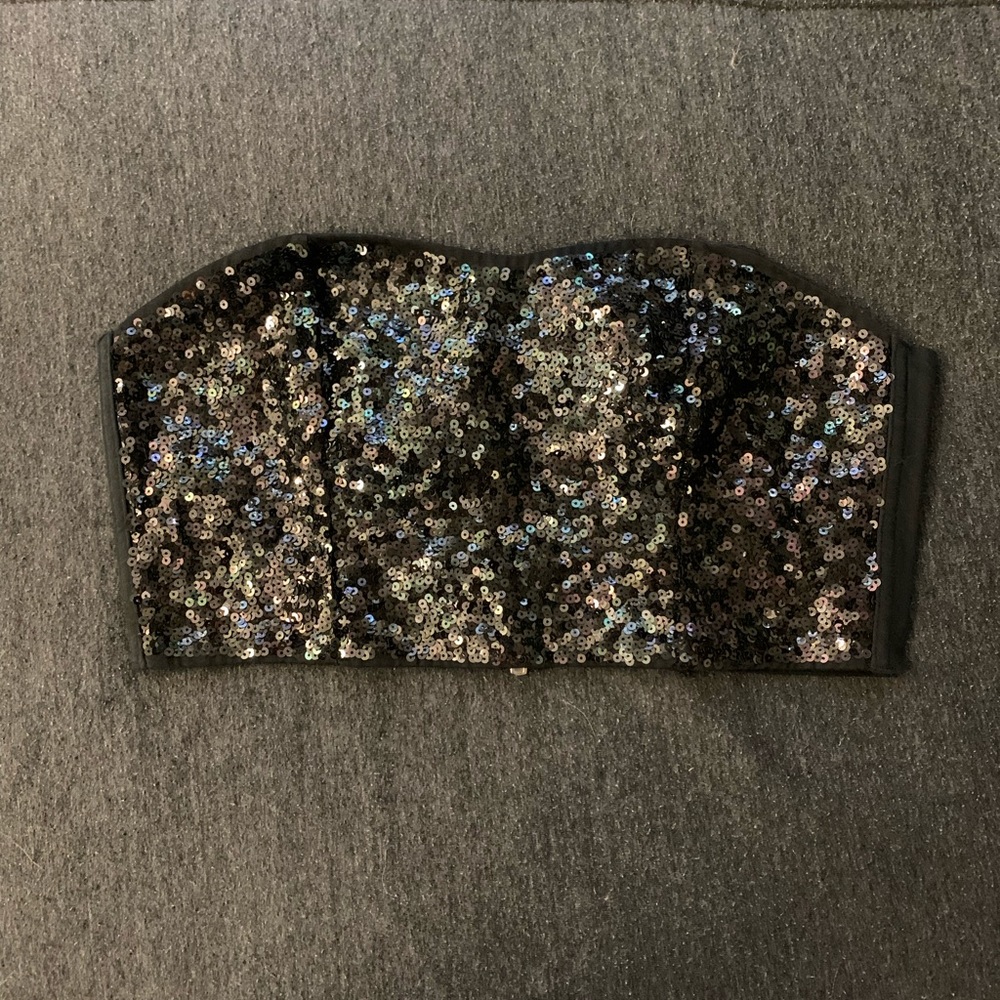 black sequined strapless crop top by pink size medium